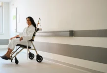 Zabrinuta pacijentica u kolicima sama u širokom bolničkom hodniku; koncept dugovi u zdravstvu u hrvatskim bolnicama