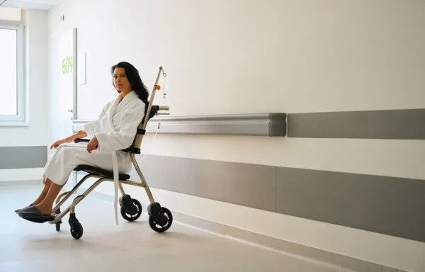 Zabrinuta pacijentica u kolicima sama u širokom bolničkom hodniku; koncept dugovi u zdravstvu u hrvatskim bolnicama