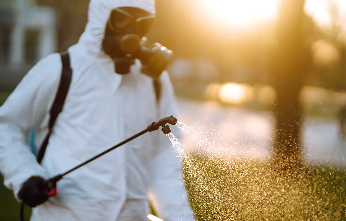 Osoba u zaštitnom odjelu tretira zelenu površinu herbicidom; koncept Zelina glifosat herbicid odluka