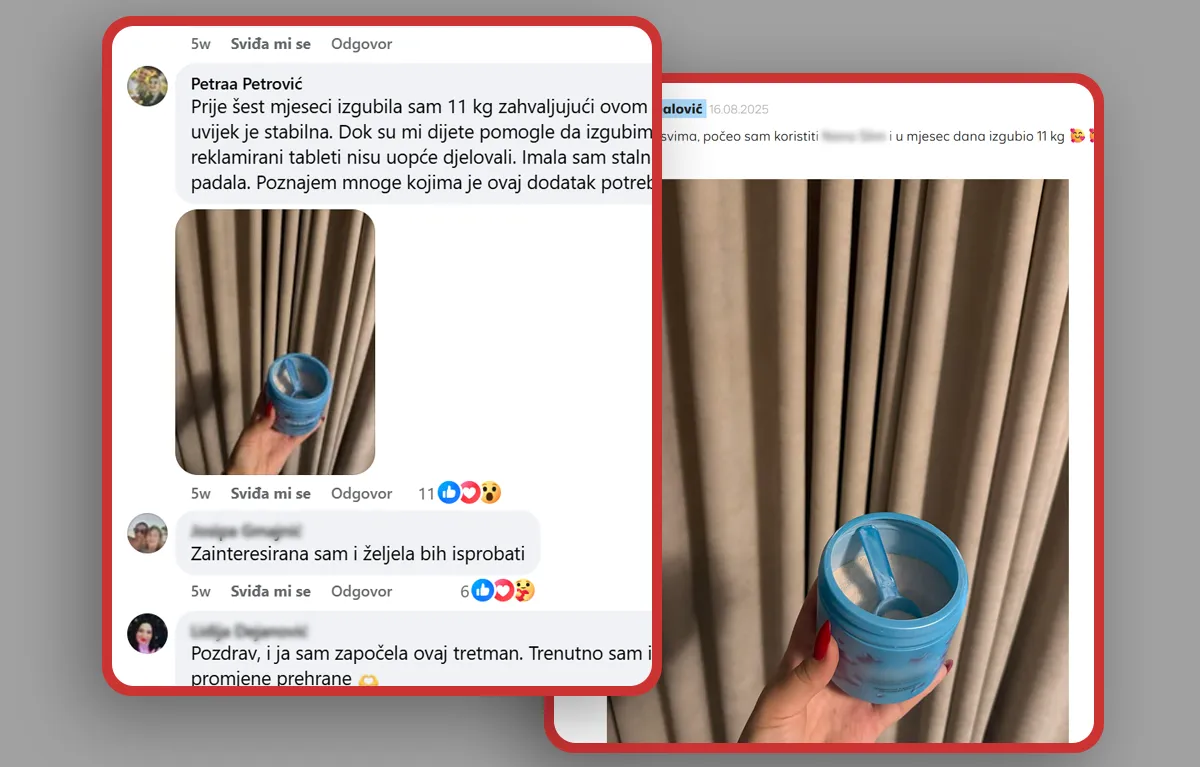 Usporedni prikaz lažnih profila koje koriste istu fotografiju, kao svjedočanstvo o proizvodu; koncept lažni oglasi