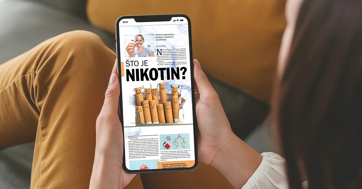 Mockup, STOP ovisnosti o pušenju, prikaz izdanja u mobitelu u rukama mlade žene; koncept što sve cigareta čini organizmu