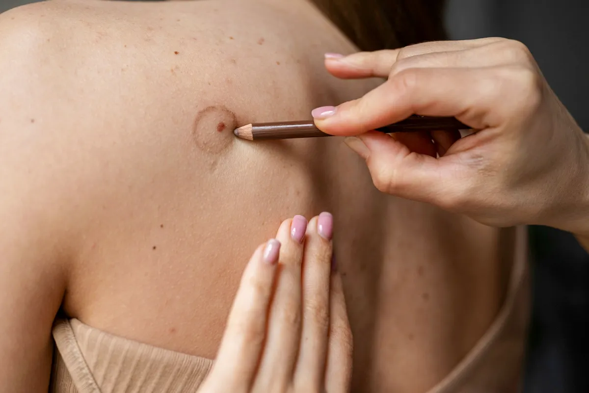 dermatolog-jesen-madez Dermatološki pregled, ruka olovkom na leđima okružuje crnom bojom madež; koncept dr. Ivanka Muršić