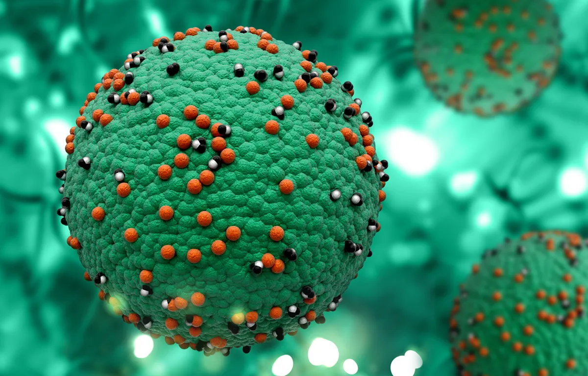 3D prikaz bakterije kao zelenog kruga s crvenim bodljama: koncept sepsa