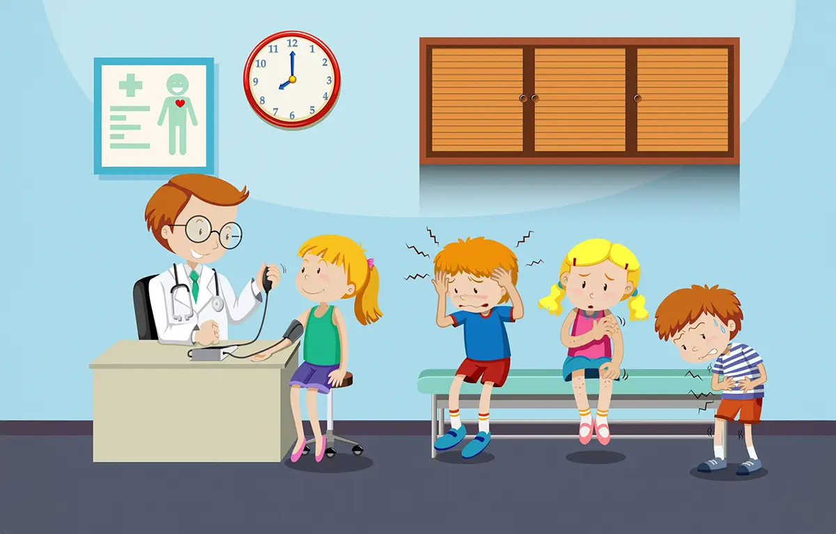 ispricnice-KOHOM Ilustracija obiteljskog liječnika pedijatra i četvero djece na liječničkom pregledu; koncept ispričnice doktori.