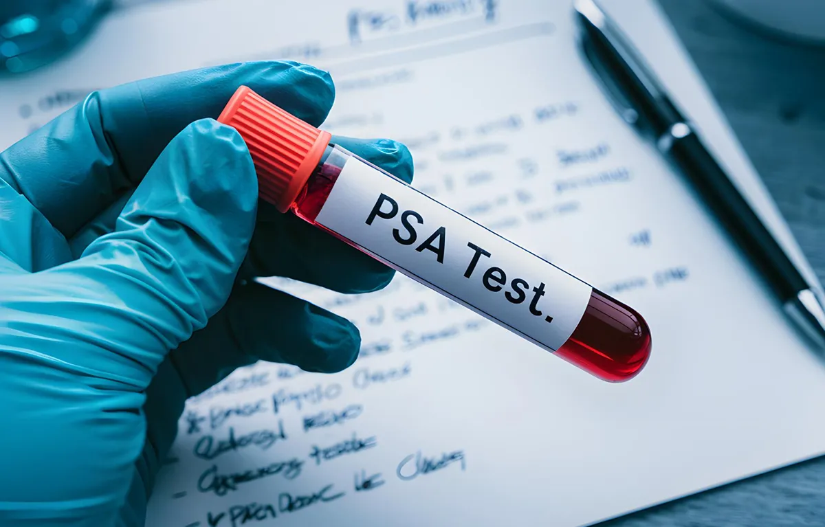 Ruka laboranta u medicinskoj rukavici drži epruvetu s oznakom PSA test za rak prostate