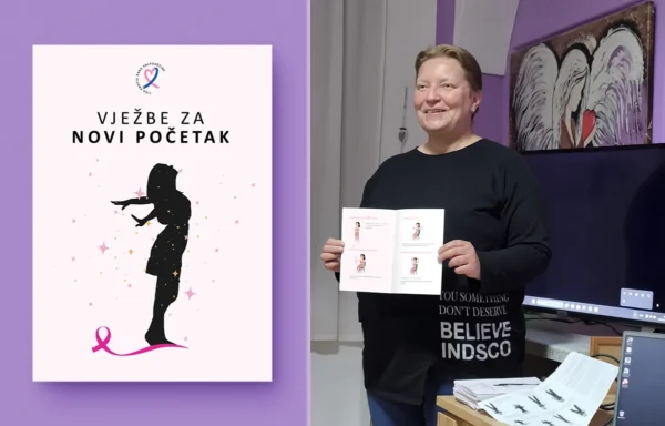 Vizual knjižice za sprečavanje limfedema "Vježbe za novi početak" i predsjednica udruge Liga protiv raka Valpovštine Sanja Andračić Varga s knjižicom u rukama na predstavljanju projekta u Valpovu.