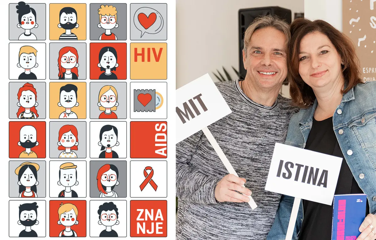 Vizual HUHIV-a za kampanju povodom Svjetskog dana AIDS-a 2025. te Tomislav Beganović i dr. Tatjana Nemeth Blažić; HIV virus