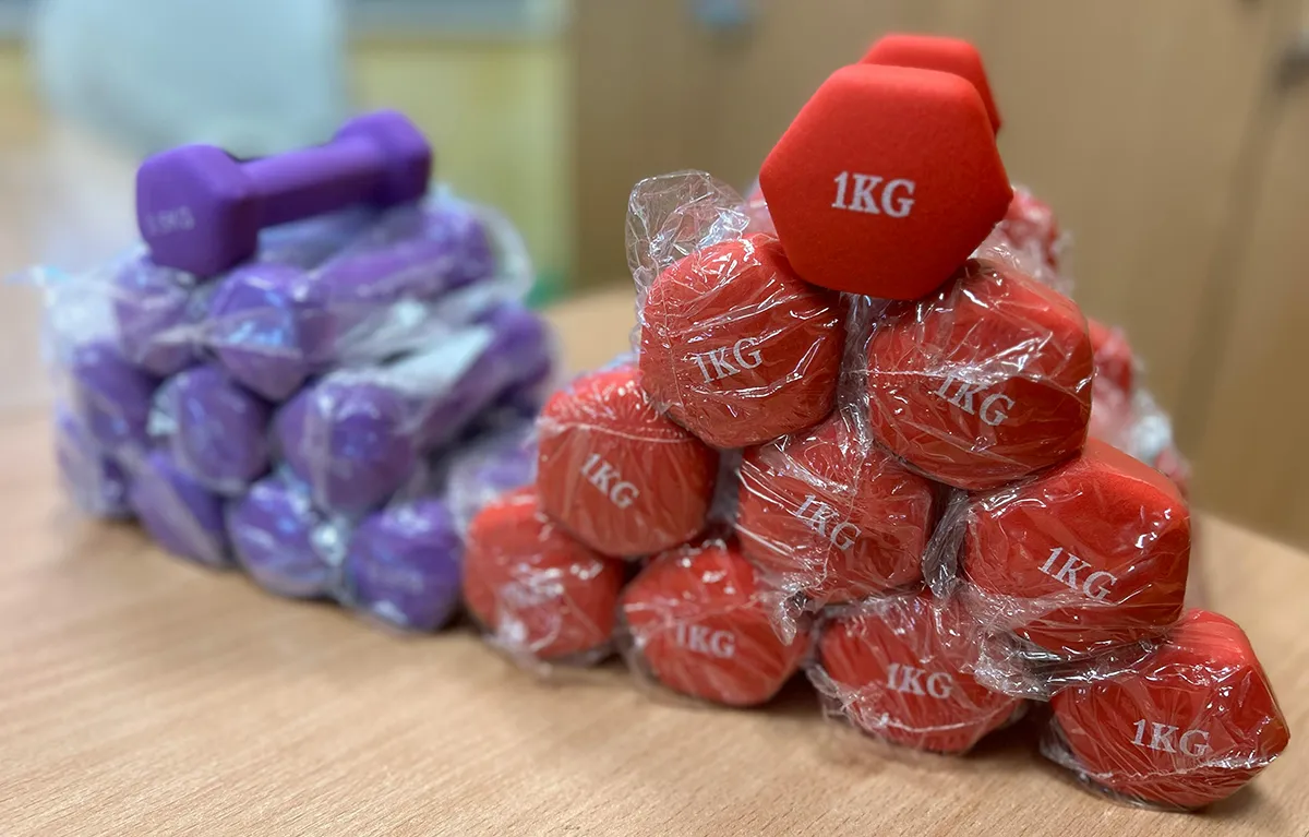 Crveni i plavi utezi za vježbanje naslagani jedan na drugi; koncept trend lijekovi za debljinu; fotografija Mira Vico