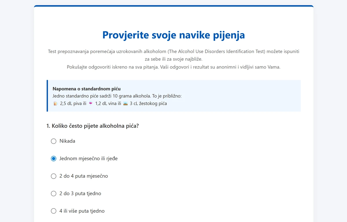Screenshot AUDIT upitnika za samoprocjenu o konzumaciji alkohola Nastavnog zavoda za javno zdravstvo dr. Andrija Štampar