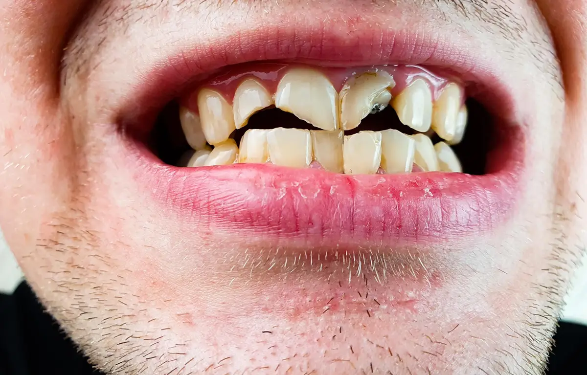 Oštećeni zubi koji ispadaju u krupnom planu, koncept skorbut kao posljedica trenda lijekovi za mršavljenje