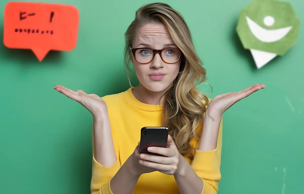 AI-i-pacijenti AI generirana slika, mlada zbunjena žena u rukama drži mobitel a s drugim rukama pokazuje gestu neznanja; koncept AI i pacijenti