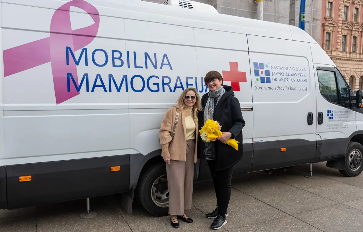 Dvije žene stoje ispred kombija mobilni mamograf, na Trgu bana Josipa Jelačića u Zagrebu na javnozdravstvenoj akciji 30. Dan narcisa. Fotografija: Hrvatska liga protiv raka