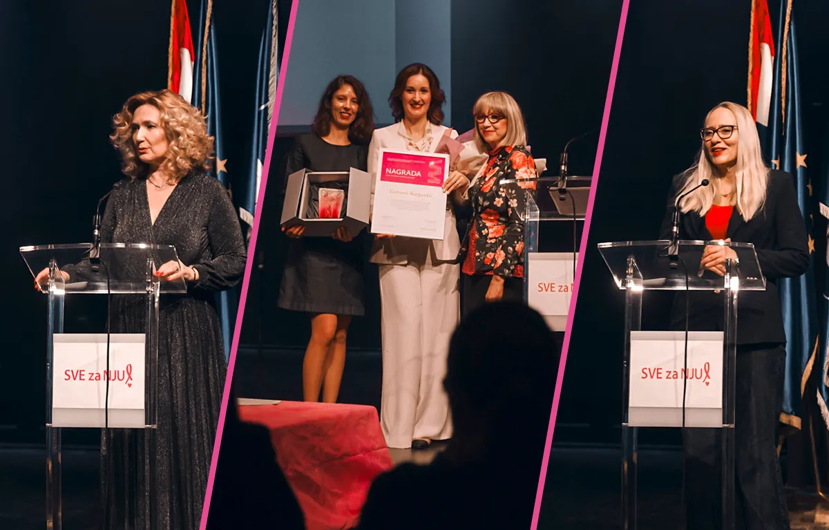 Svečanost obilježavanja 18 godina djelovanja Udruge žena oboljelih i liječenih od raka SVE za NJU, dodijeljena petnaesta Nagrada Vesna Andrijević – VAM, 7. ožujka 2026. godine u Maloj dvorani Koncertne dvorane Vatroslava Lisinskog; na fotografijama su: Ivana Portolan Pajić, Simona Augustić i Lora Vidović.