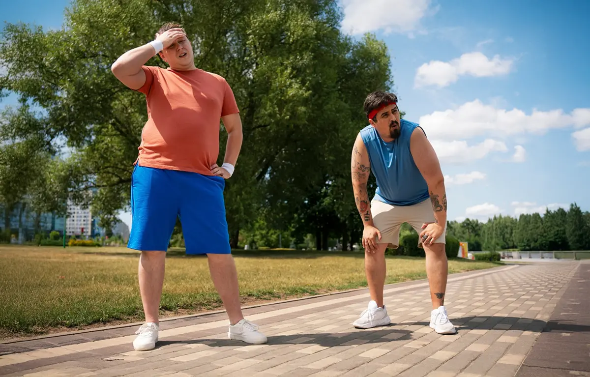 Dva muškarca s prekomjernom tjelesnom težinom umorni od vježbanja, na stazi pored parka; koncept prekomjerna tjelesna masa i debljina u Hrvatskoj