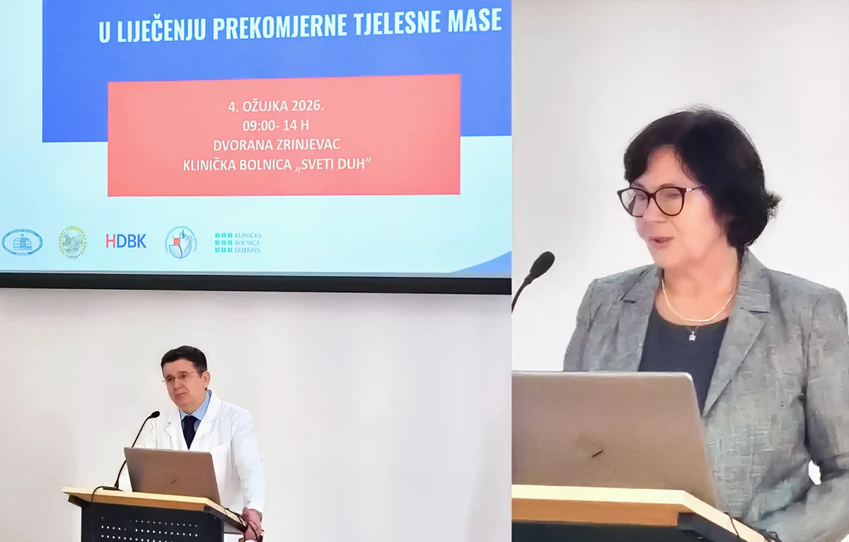 Ravnatelj bolnice KB Sveti Duh prof. dr. sc. Eduard Galić i izaslanica ministrice zdravstva dr. Danica Kramarić za govornicom; znanstveni simpozij "Suvremeni pristup u liječenju prekomjerne tjelesne mase".