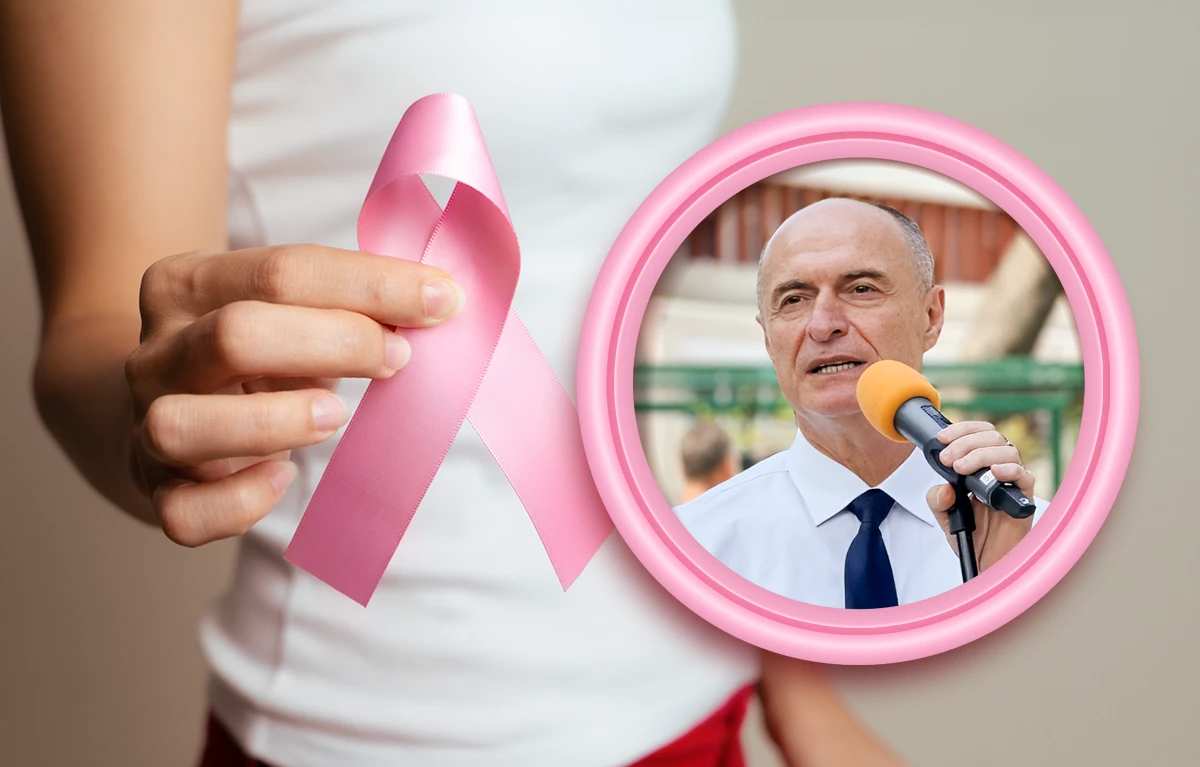 Portert prof. dr. sc. Eduard Vrdoljak u rozom okviru iznad fotografije neprepoznatljive žene koja prema kameri drži roza mašnu, simbol raka dojke; intrevju na teme: liječenje raka dojke u Hrvatskoj, sistemska terapija raka dojke i personalizirana medicina