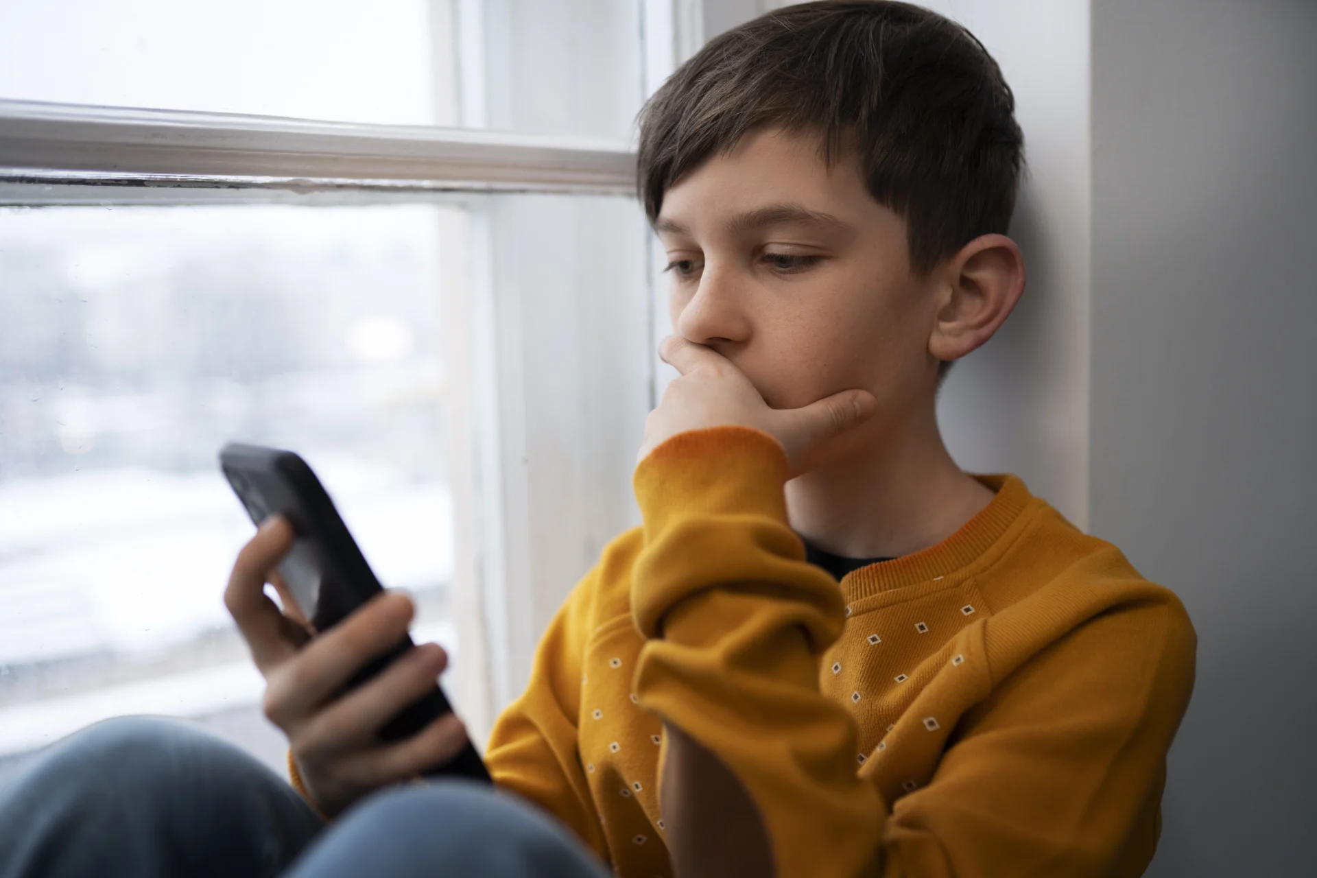 Dječak zabrinuto gleda u mobitel. Koncept cyberbullying, zlostavljanje na internetu